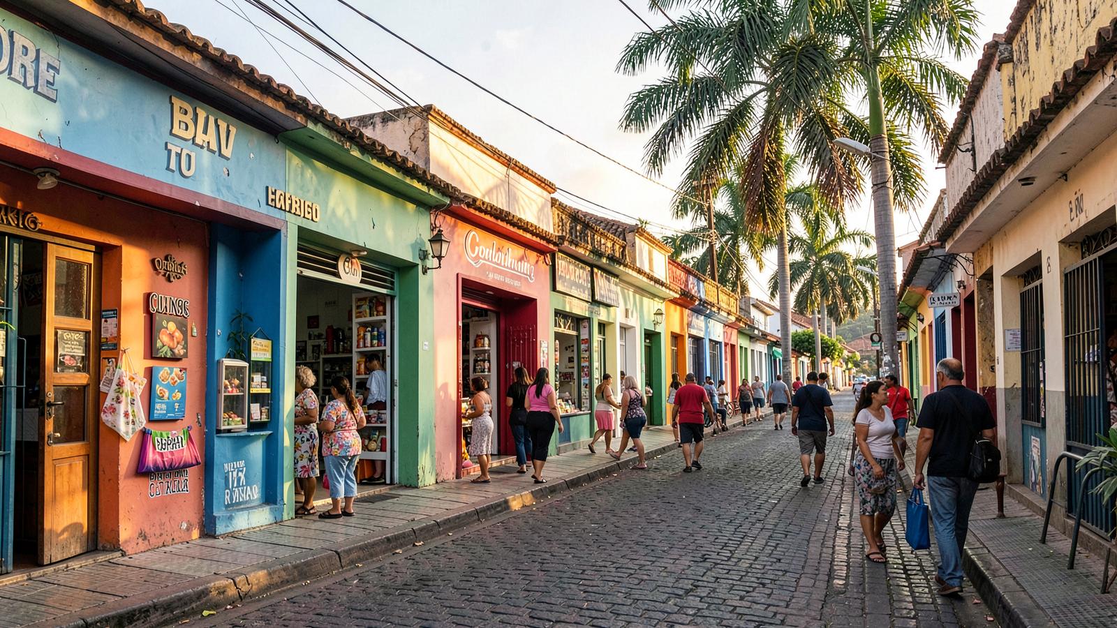 Rua comercial do bairro Santo Antônio com lojas e moradores